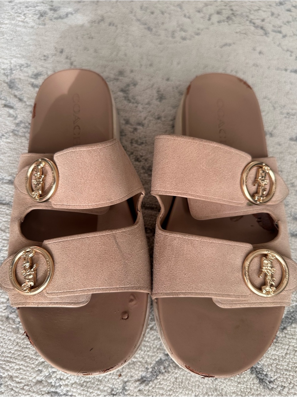 Coach Suede Double-Strap Slide Sandals with Gold Hardware